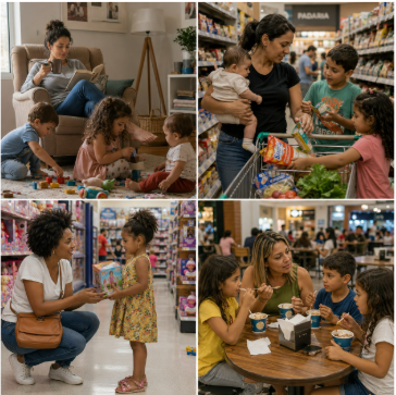 Mães vivendo situações do dia a dia com seus filhos