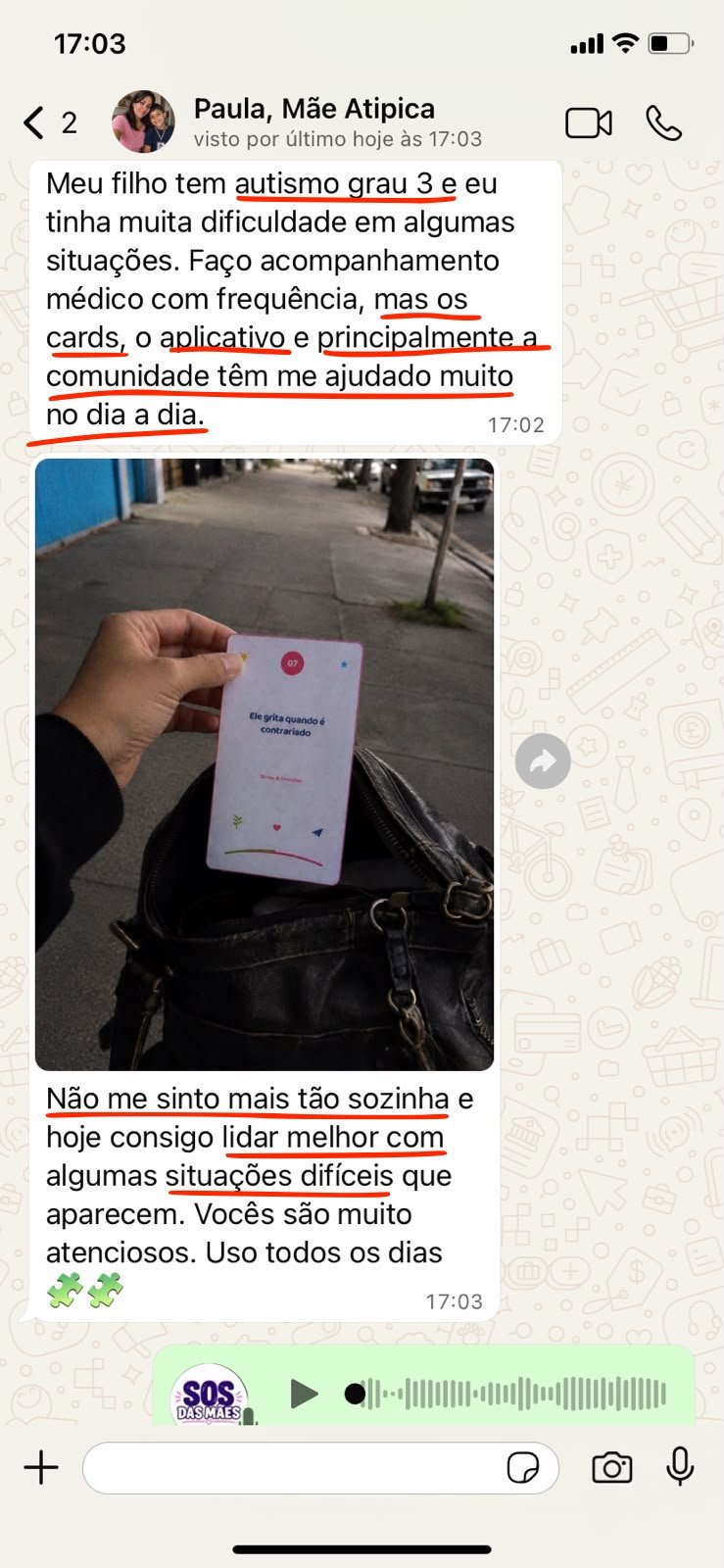 Depoimento de mãe que usou o card e conseguiu agir sem gritar